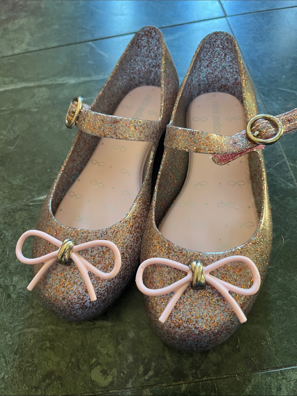 Mini Melissa Glitter Mary Jane Flats with Pink Bow
